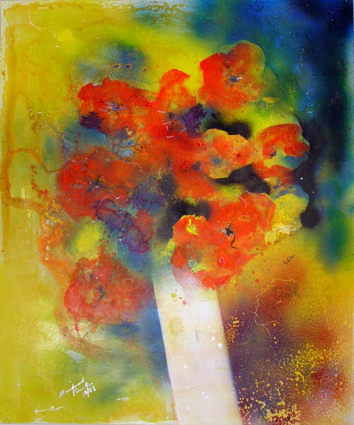 Blumen rot in weisser Vase, 50x60 cm, Mischtechnik