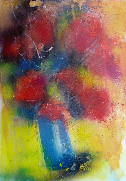 Blumen rot mit blauer Vase, 34,5x49,5 cm, Mischtechnik